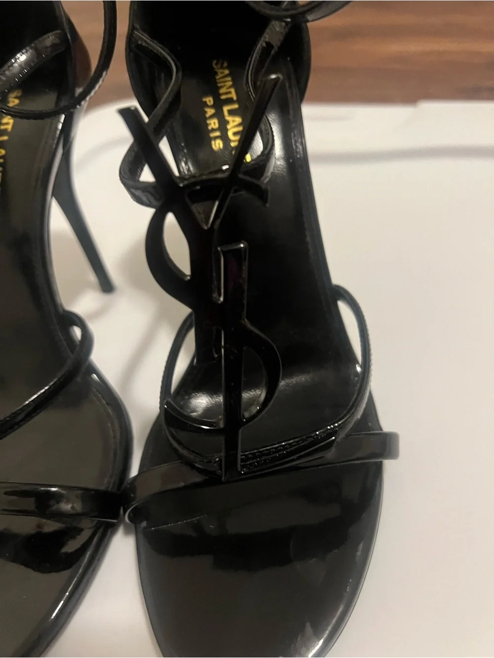 Saint Laurent Black Patent Leather YSL Logo Sandals - Picture 3 of 5
